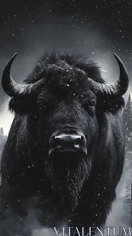 Front view bison portrait rendered in monochrome snowy scene