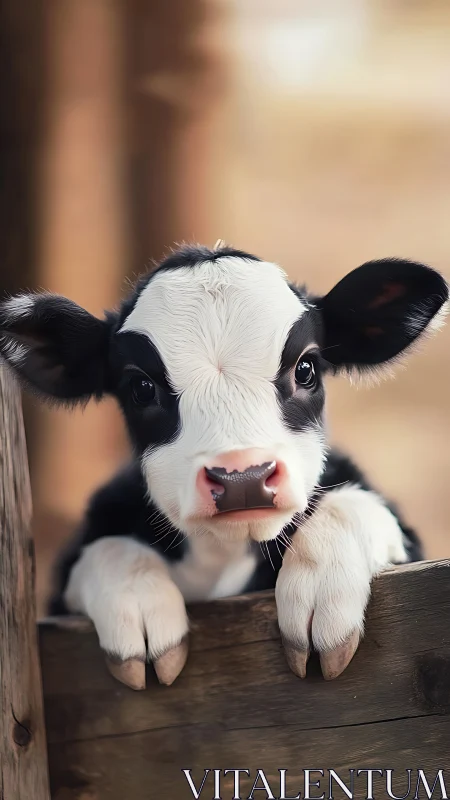 Photorealistic close-up of Holstein calf at wooden fence rail