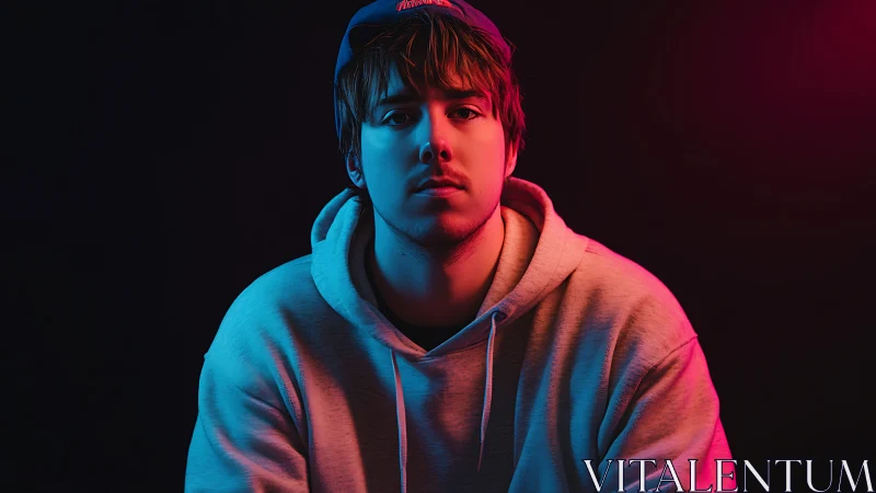 Portrait of young man in hoodie under colored gel lights.