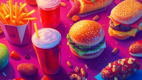Colorful digital fast food spread shows burgers and drinks