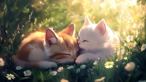 Two Felids in Blooming Meadow with Luminous Atmospheric Effects.