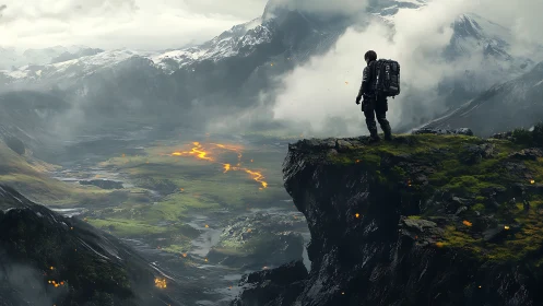 Solitary explorer surveys volcanic valley from high cliff.
