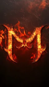 Molten letter M curls upward and carves fire into darkness