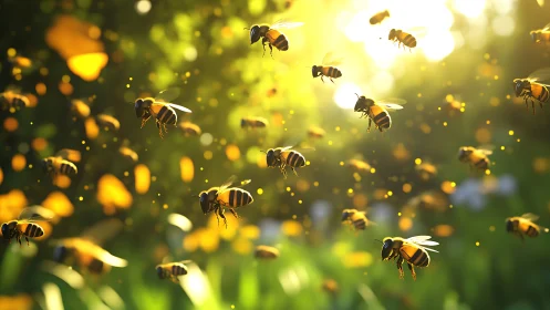 Golden garden bees dancing in gentle afternoon sunlight.