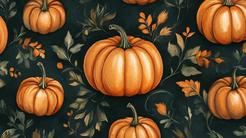 Pumpkin pattern with rich foliage on dark autumn backdrop.
