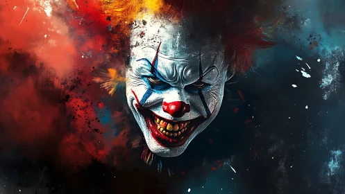 Sinister clown portrait in chaotic red and blue haze.