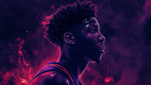 Neon-lit basketball portrait uses high-contrast rim lighting and vapor effects