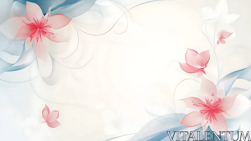 Ethereal Bloom: Pink Petals Dance Through Azure Ribbons.