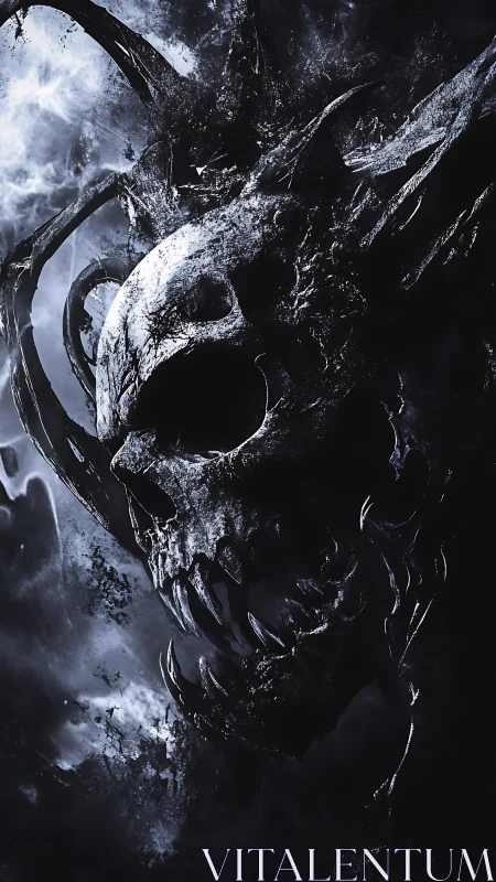 Nightmarish skeletal titan emerging from stormed void.