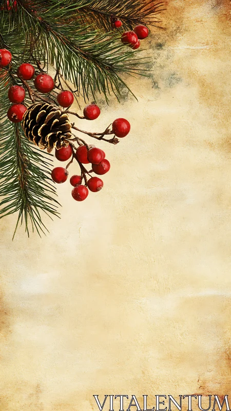 Rustic pine sprig and scarlet berries on vintage parchment.