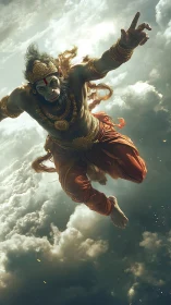 Divine monkey warrior soaring through luminous storm clouds.