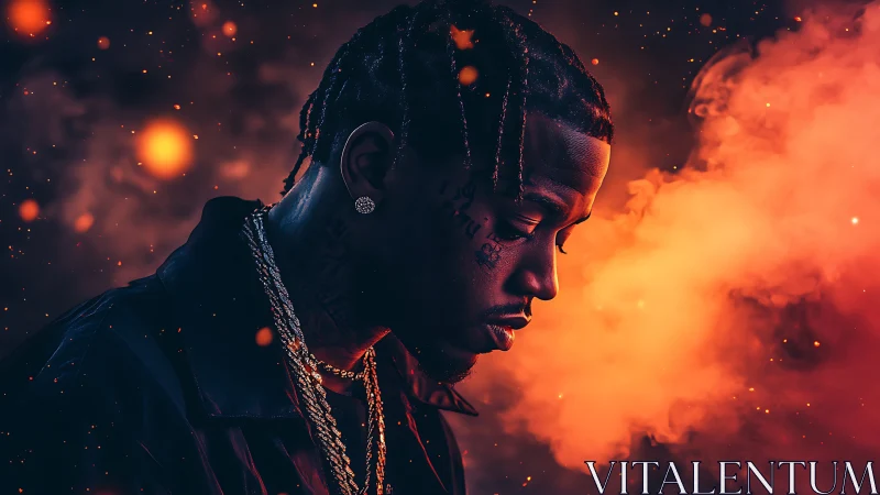 Moody portrait of rapper in glowing orange smoke. Period.