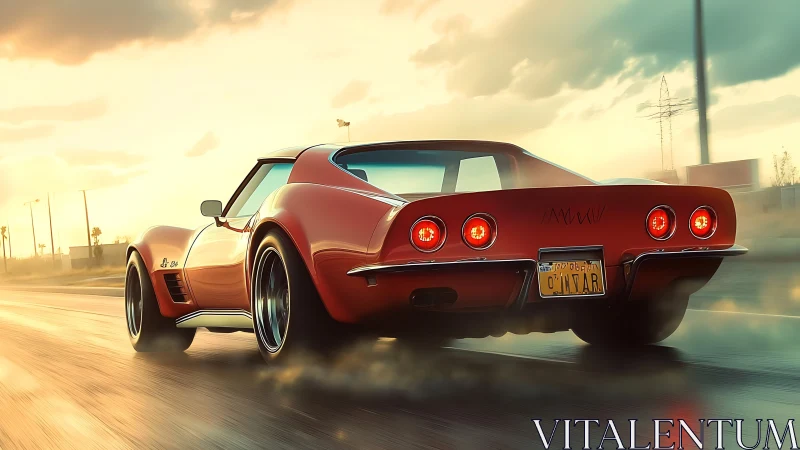 Rear view of red classic sports car on wet highway at dusk.
