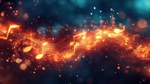 Glowing musical notes on swirling fiery light trail.