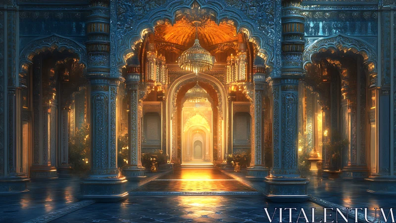Golden palace hall with ornate arches and glowing light.