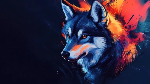 Neon wolf portrait explodes through dark abstract flames.