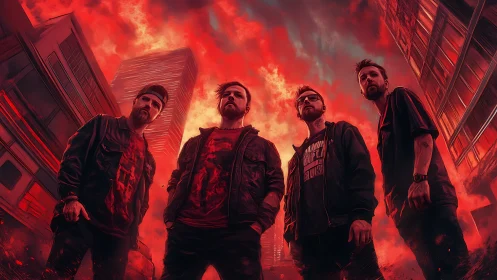 Urban rock band under burning red apocalyptic sky.