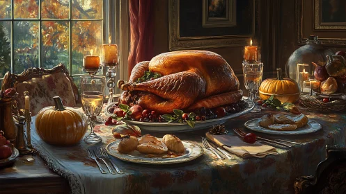 Golden roasted turkey anchors an opulent autumn banquet scene