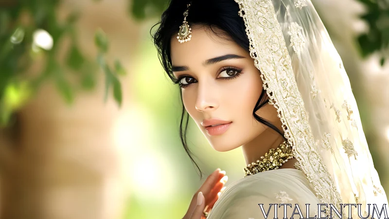 Bridal portrait in ivory dupatta with golden embroidery.