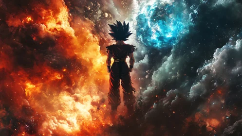 Silhouetted warrior between fire cloud and blue planet field.