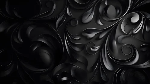 Elegant black abstract floral pattern with 3D metallic details.