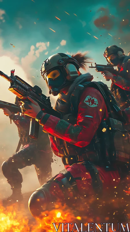 Tactical strike squad advances through cinematic firestorm.