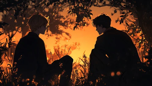 Sunset silhouettes frame two friends in quiet conversation.