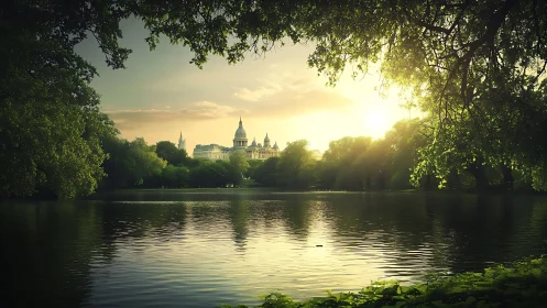 Sunlit urban skyline framed by lacustrine canopy geometry.