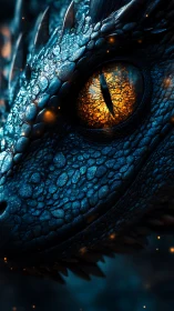 Close dragon eye with glowing amber iris in blue scales.