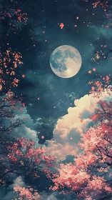 Full moon above pink blossom trees in dreamy night sky.