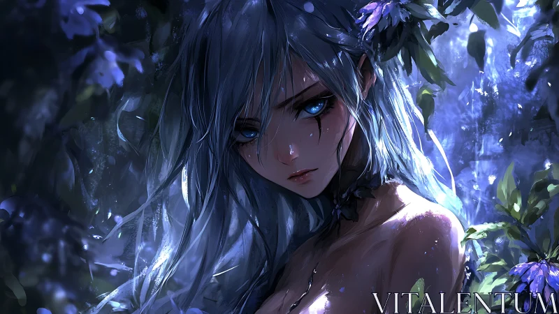 Moonlit silver-haired girl in dark enchanted forest portrait.