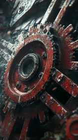 Corroded industrial gearwheel in red mechanical assembly.