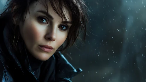 Moody female portrait under cold urban rain. Period.