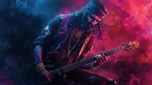 Electric guitarist in colored smoke with focused posture.
