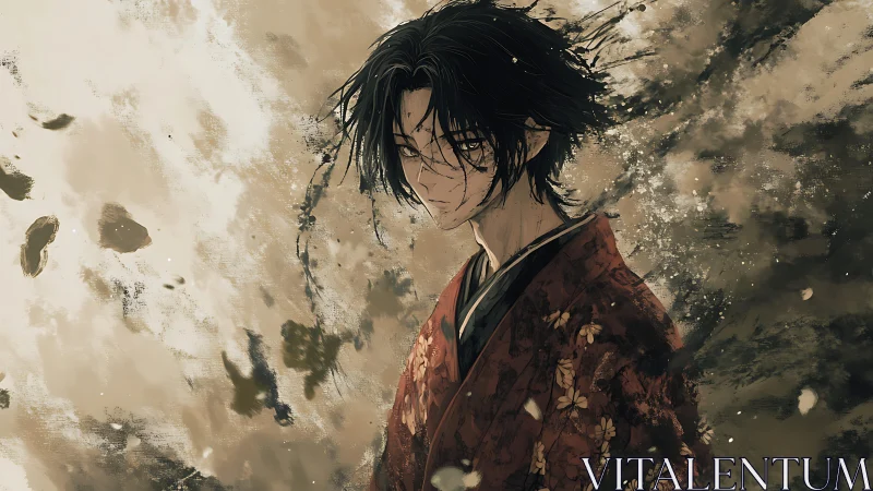 Storm eyed wanderer in tattered kimono of quiet embers.