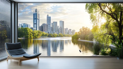 Modern Interior Overlooking City Skyline and River.