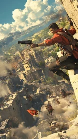 Cliffside gunman overlooking war-torn medieval canyon fortress