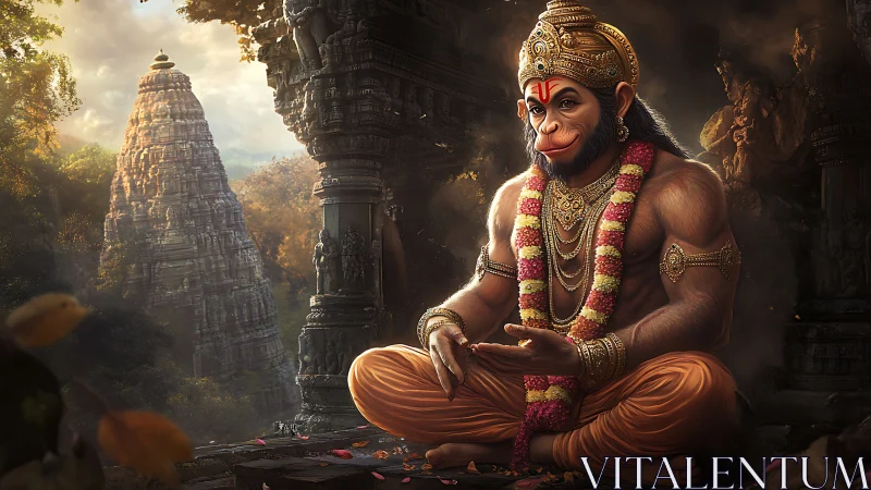 Serene Hanuman meditates amid sunlit temple ruins in gold.