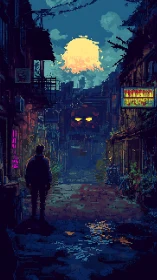 Neon-soaked alley confronts a looming pixel moon and watcher