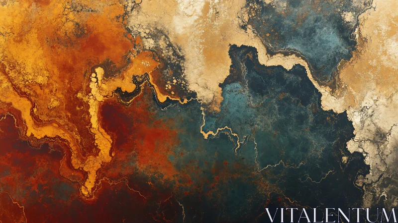 Molten geologic abstract with flowing rust and indigo fields.