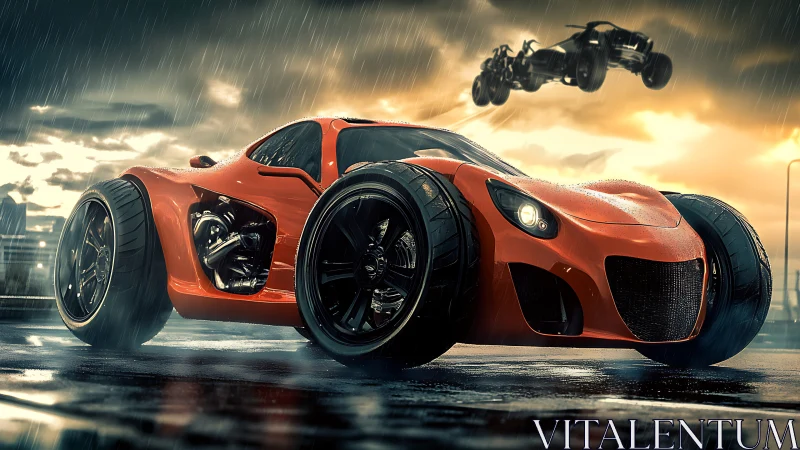 Futuristic red hypercar dominates wet neon city street.