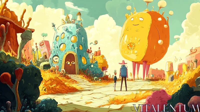 Surreal alien neighborhood with two travelers visiting.