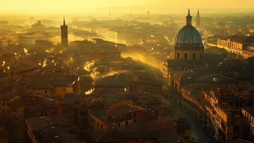 Historic European cityscape under dense golden haze at dusk.