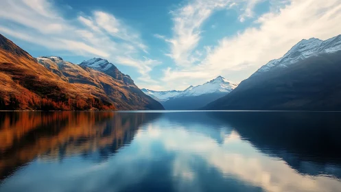 Mountain lake reflects snow peaks and autumn slopes clearly