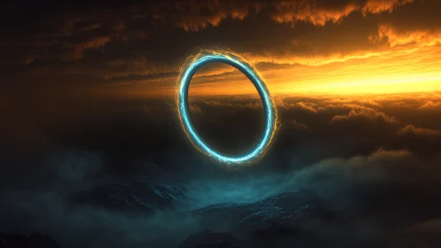 Luminous blue energy ring hovering above dusky clouds.