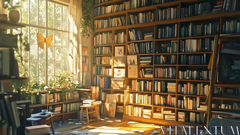 Sunlit private library with shelves, window, and scattered books.