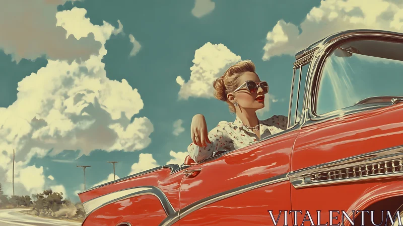 Retro woman in red classic car under bright summer sky.