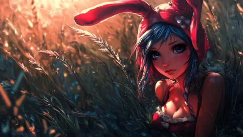 Blue haired bunny ear girl in glowing sunset field.