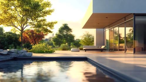 Contemporary residential architecture with integrated landscape and outdoor water feature.