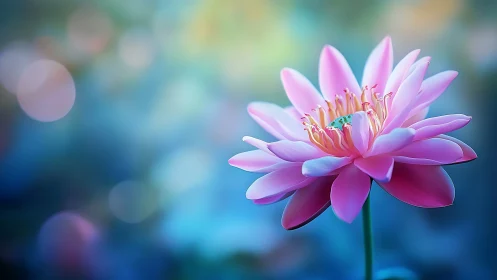 Pink lotus macro bloom against soft teal bokeh field.